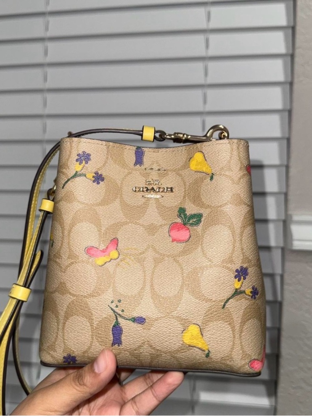 Coach Beige Signature Floral & Fruit Crossbody with Yellow Trim